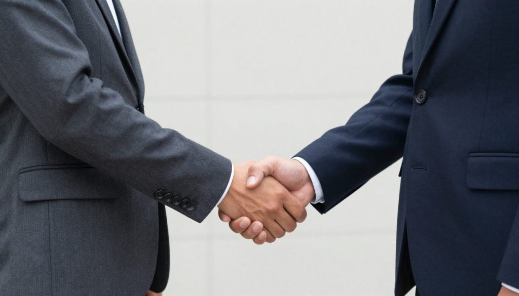 Deux professionnels en costume se serrent la main, représentant un pacte d'actionnaires ou un accord commercial.